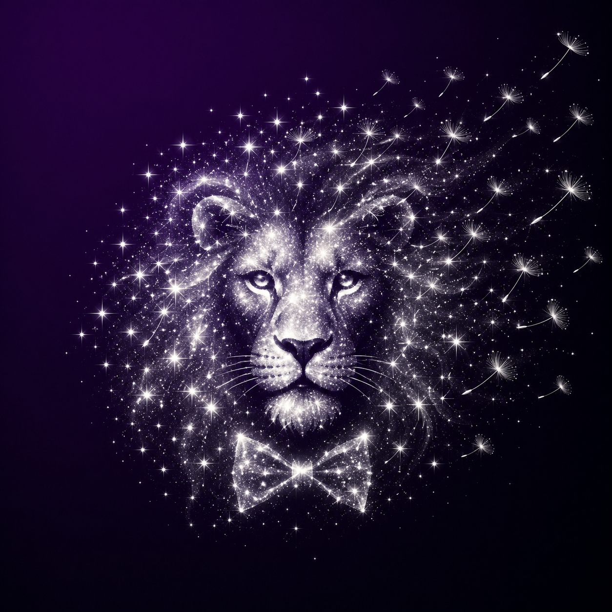 A luminous lion formed from stars and drifting dandelion seeds.
